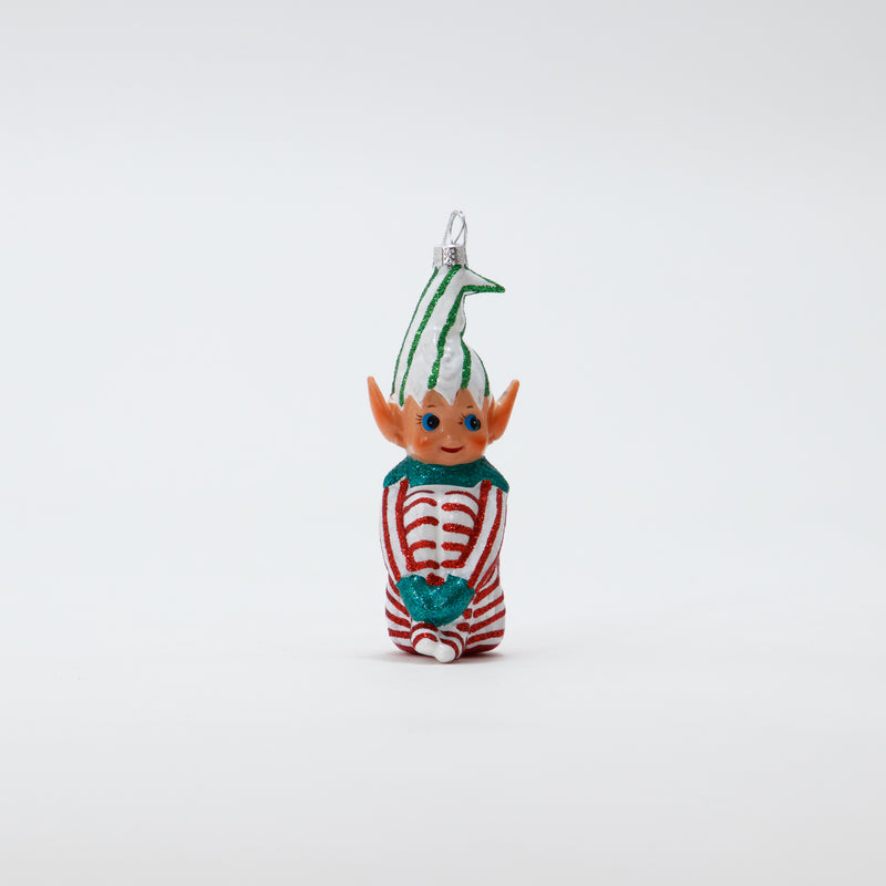 Christmas Ornament Knee Hugging Elf Red