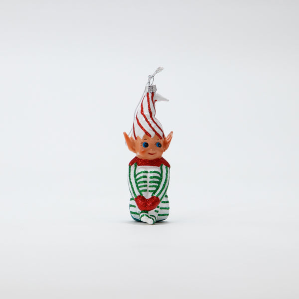 Christmas Ornament Knee Hugging Elf Green