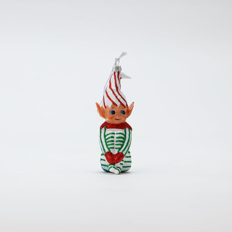 Christmas Ornament Knee Hugging Elf Green