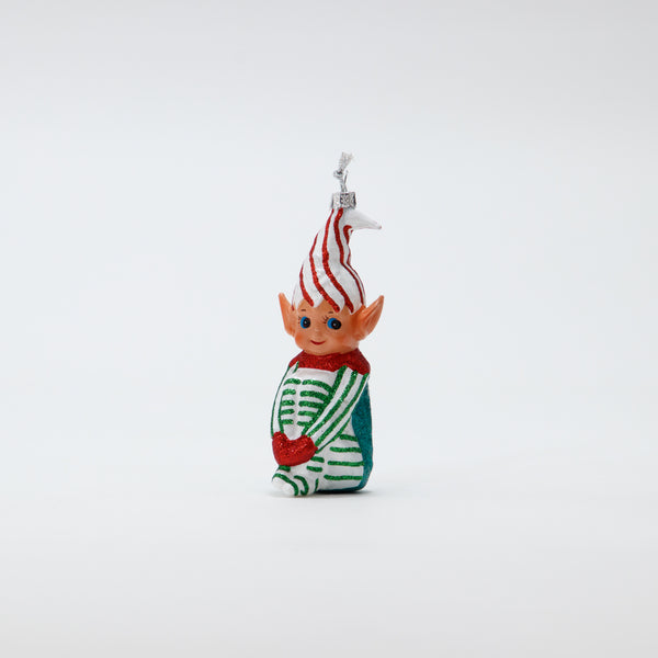 Christmas Ornament Knee Hugging Elf Green
