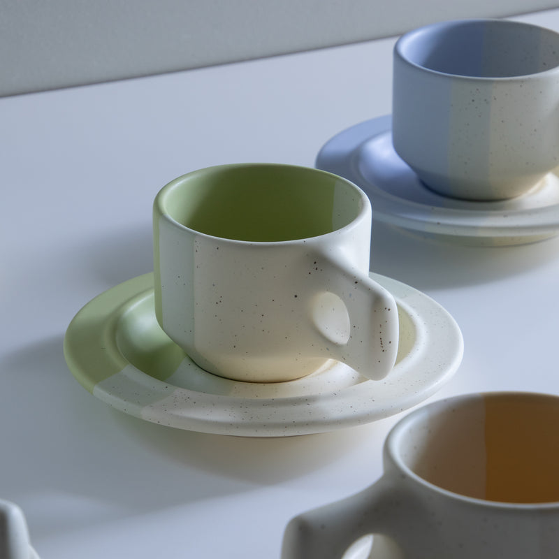 Color Block Line Flat Cup & Saucer Clear Green